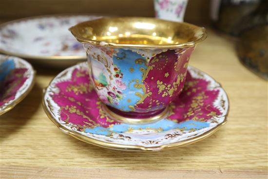 A Samson of Paris porcelain dish, a pair of vases and a pair of Paris porcelain cup and saucers